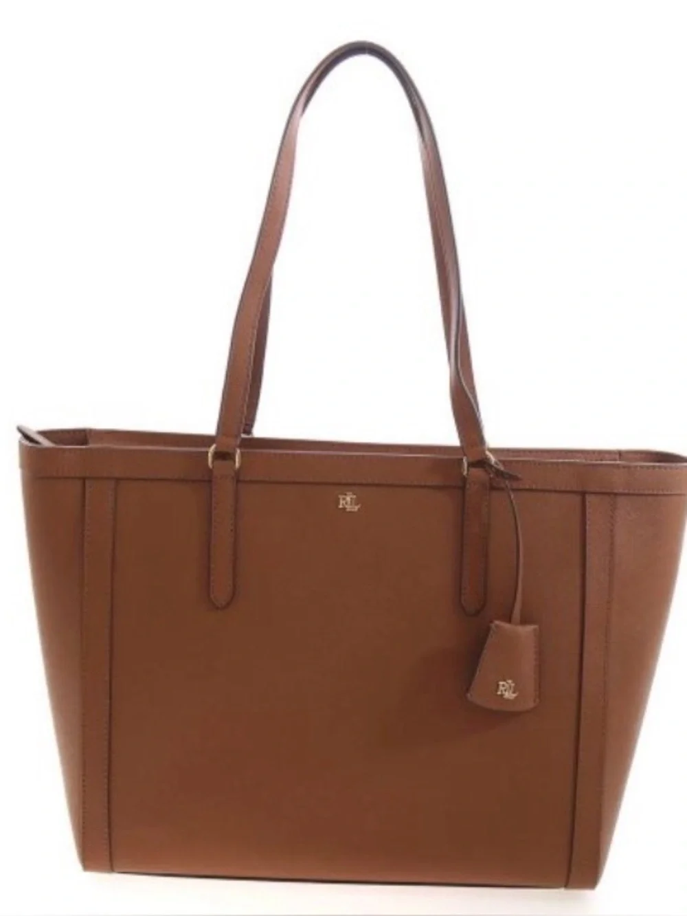 Ralph Lauren Cognac Brown Leather Tote with Gold RL Accent —-LIKE NEW—